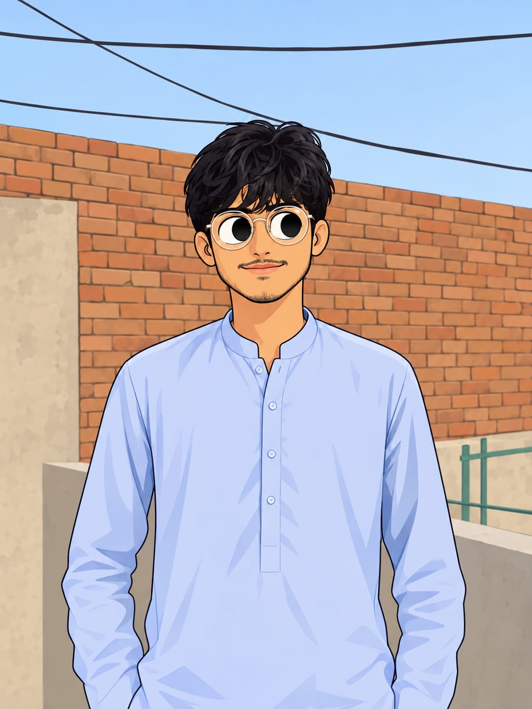 Anime-style AI character illustration for Huzafig, showing a young man with black hair, round glasses, and a light blue kurta against a brick wall.